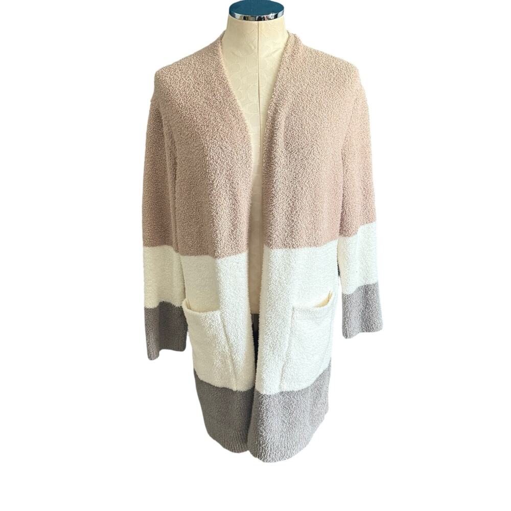 Barefoot Dreams CozyChic Colorblock Cardigan in Tan/White/Gray Stripe Size Med - Picture 5 of 10